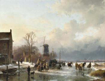 Andreas Schelfhout : An extensive winter landscape with numerous villagers on the ice